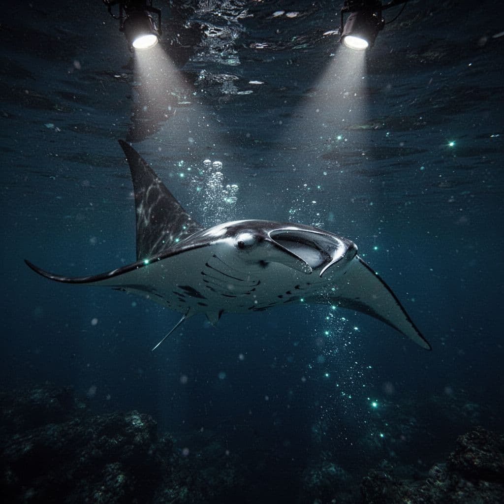 A graceful manta ray glides through deep blue nighttime water, illuminated by focused beams from snorkeling boards. Sparkling cyan highlights shimmer across the ray's wings and the surrounding liquid surface.