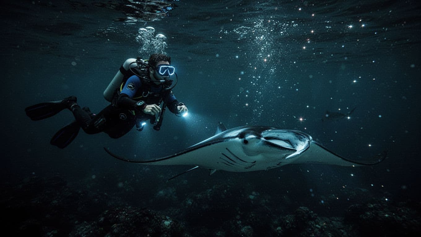 A scuba diver floats in deep, dark ocean water, illuminated by intense cyan LED beams. Below, a massive manta ray glides gracefully toward the surface, surrounded by sparkling blue highlights.