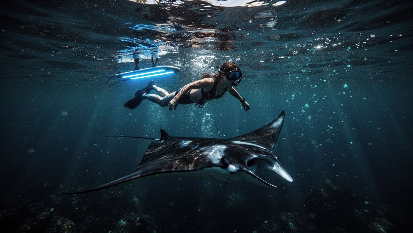 A snorkeler swims near the surface above a massive manta ray in dark ocean waters. A glowing blue light board illuminates the creature, casting vibrant cyan reflections across its broad wings.