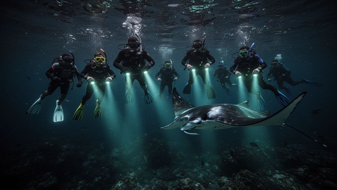 Silhouetted snorkelers hold illuminated boards that cast vibrant teal beams into the deep ocean. A massive manta ray glides gracefully through the dark water, partially lit by the underwater lanterns.