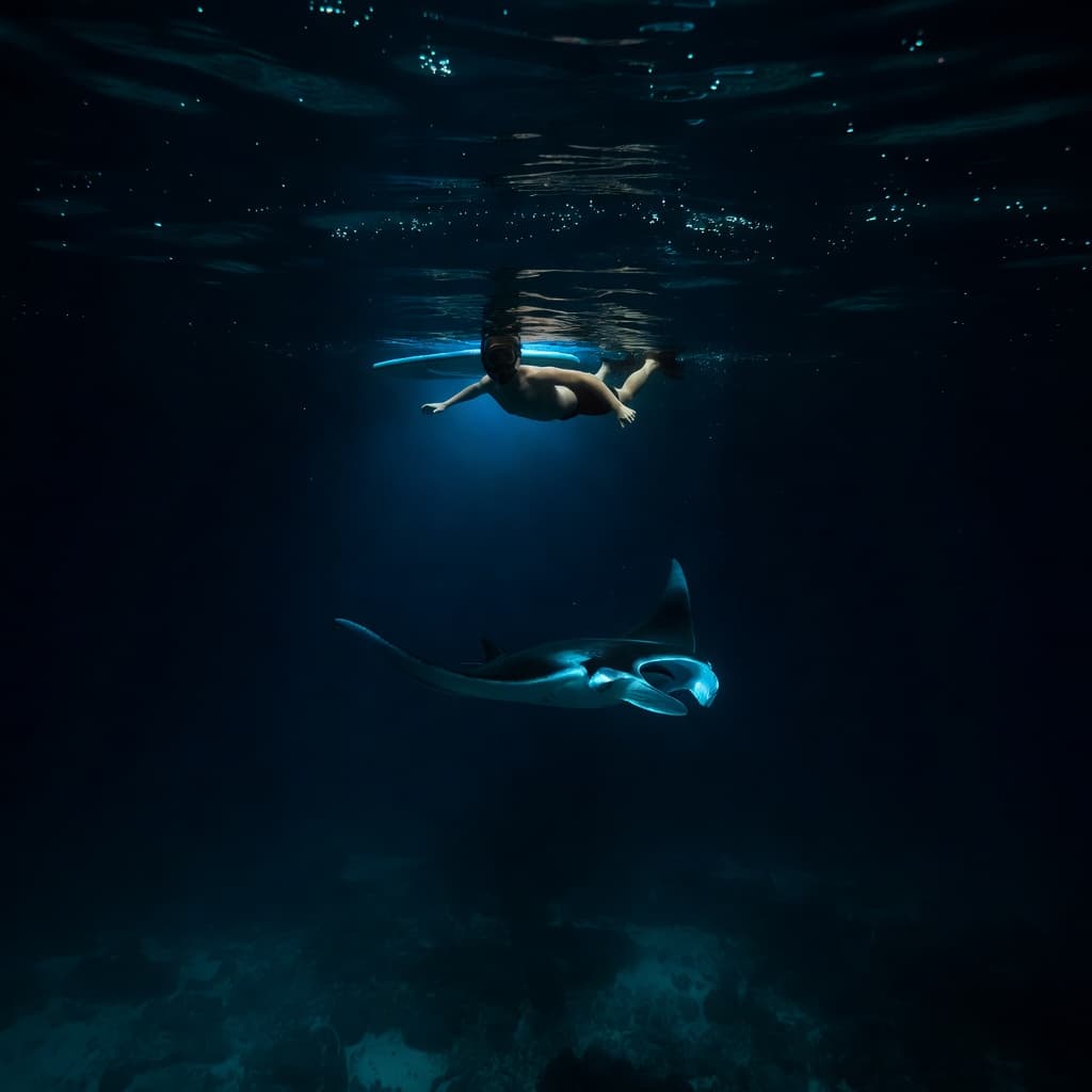 A snorkeler drifts through dark tropical water illuminated by a glowing blue floatation device. A graceful manta ray swims in the deep shadows below while cyan light particles sparkle around them.