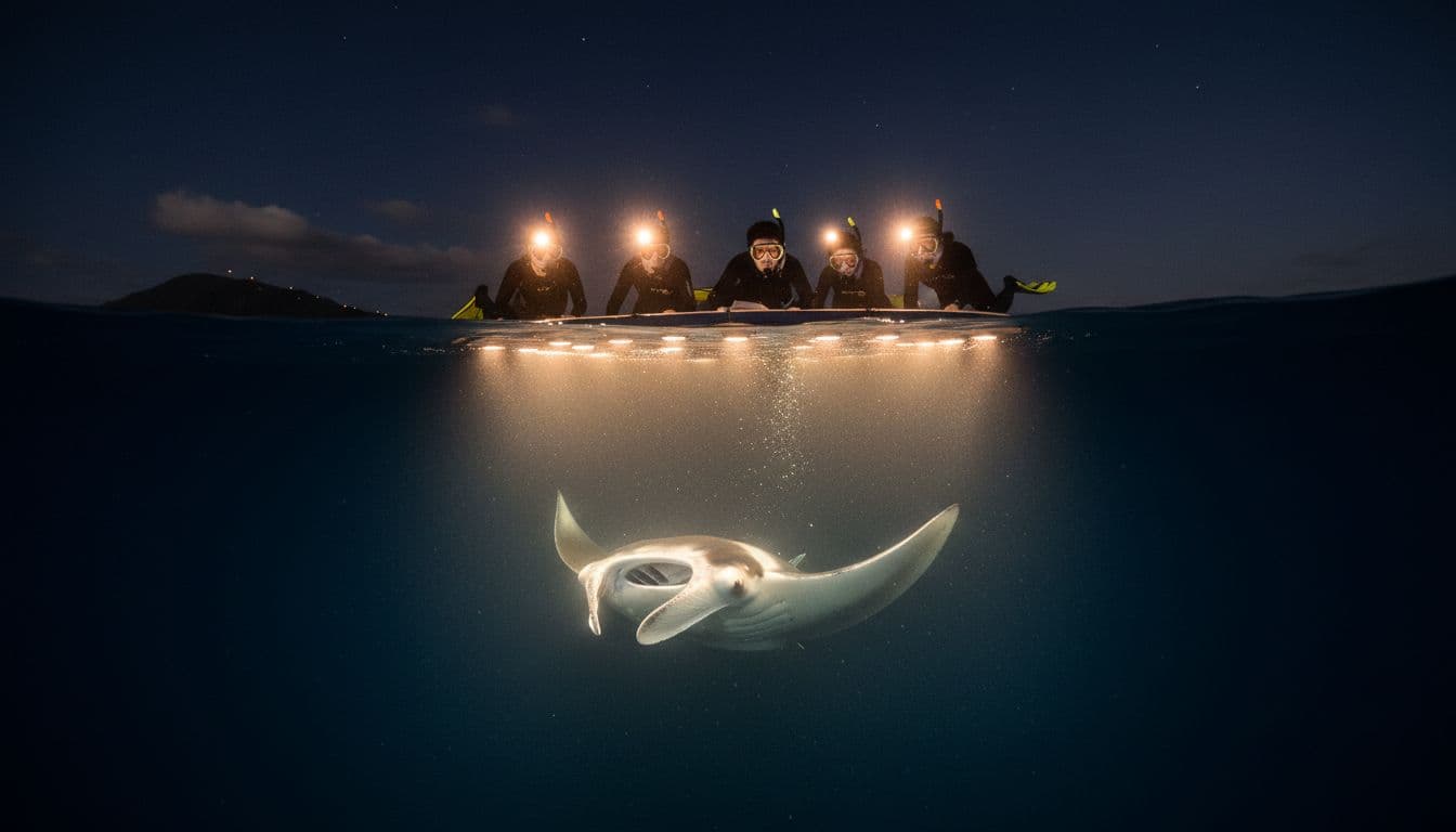 Snorkelers hold an illuminated board as a large manta ray swims beneath them in the dark ocean.