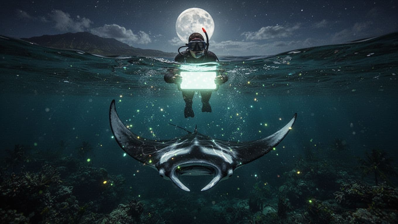 Snorkeler floats at surface at night with light board attracting plankton, large manta ray somersaulting below in Hawaiian waters, cinematic dramatic lighting with turquoise glow.