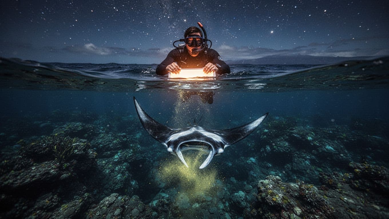 Snorkeler holds lighted board at surface as giant manta ray somersaults below feeding on glowing plankton in clear deep waters.