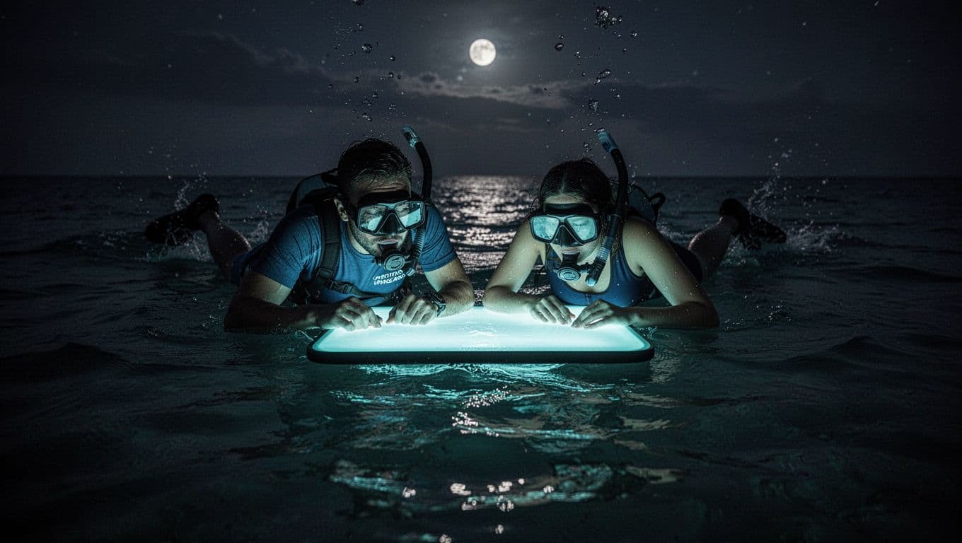 A group of snorkelers holds onto a bright floating board in dark water as they peer into the depths. A certified guide swims nearby, ensuring safety during this nighttime wildlife excursion.
