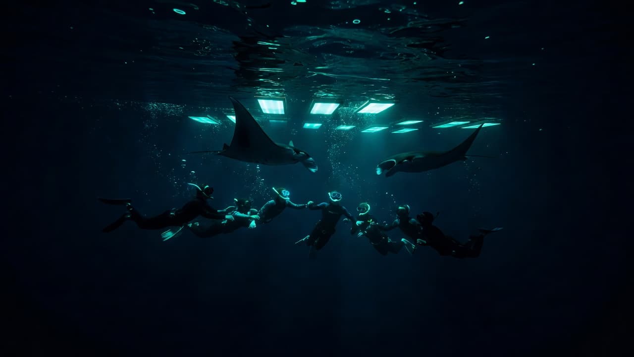 A group of snorkelers float in dark ocean water at night, illuminated by bright surface lights. Large manta rays glide gracefully beneath them, surrounded by glowing particles in the deep sea.