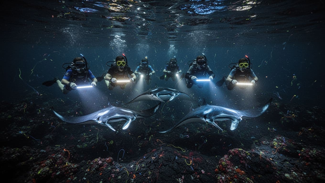 Graceful manta rays glide close to five snorkelers holding illuminated boards on the dark ocean surface at night, lit by bright dive lights piercing plankton-filled waters above a volcanic reef in cinematic style.