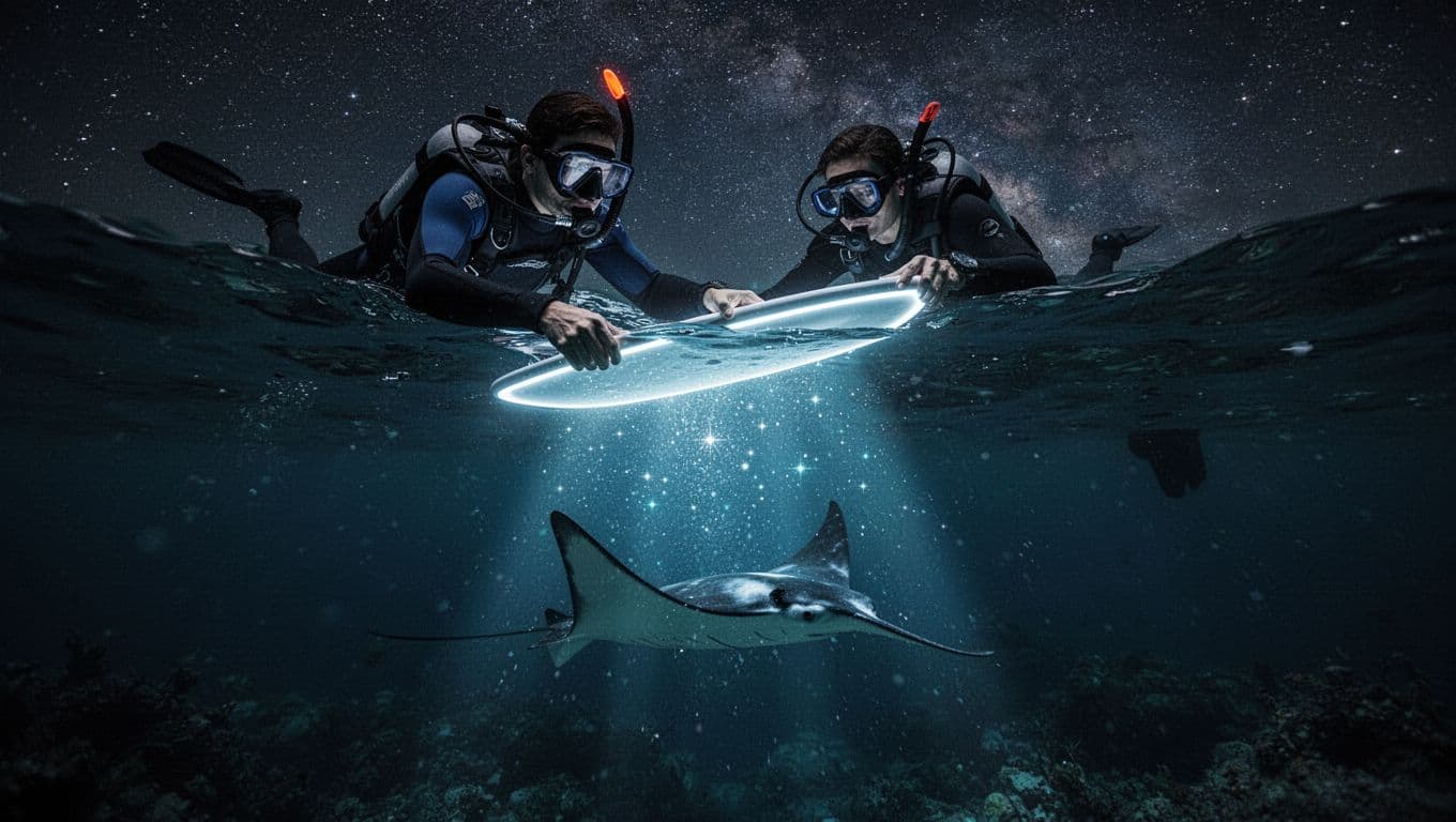 A group of snorkelers holds a luminous blue board that casts vibrant light into the dark ocean, revealing a massive manta ray gliding gracefully through the deep water beneath their bodies.
