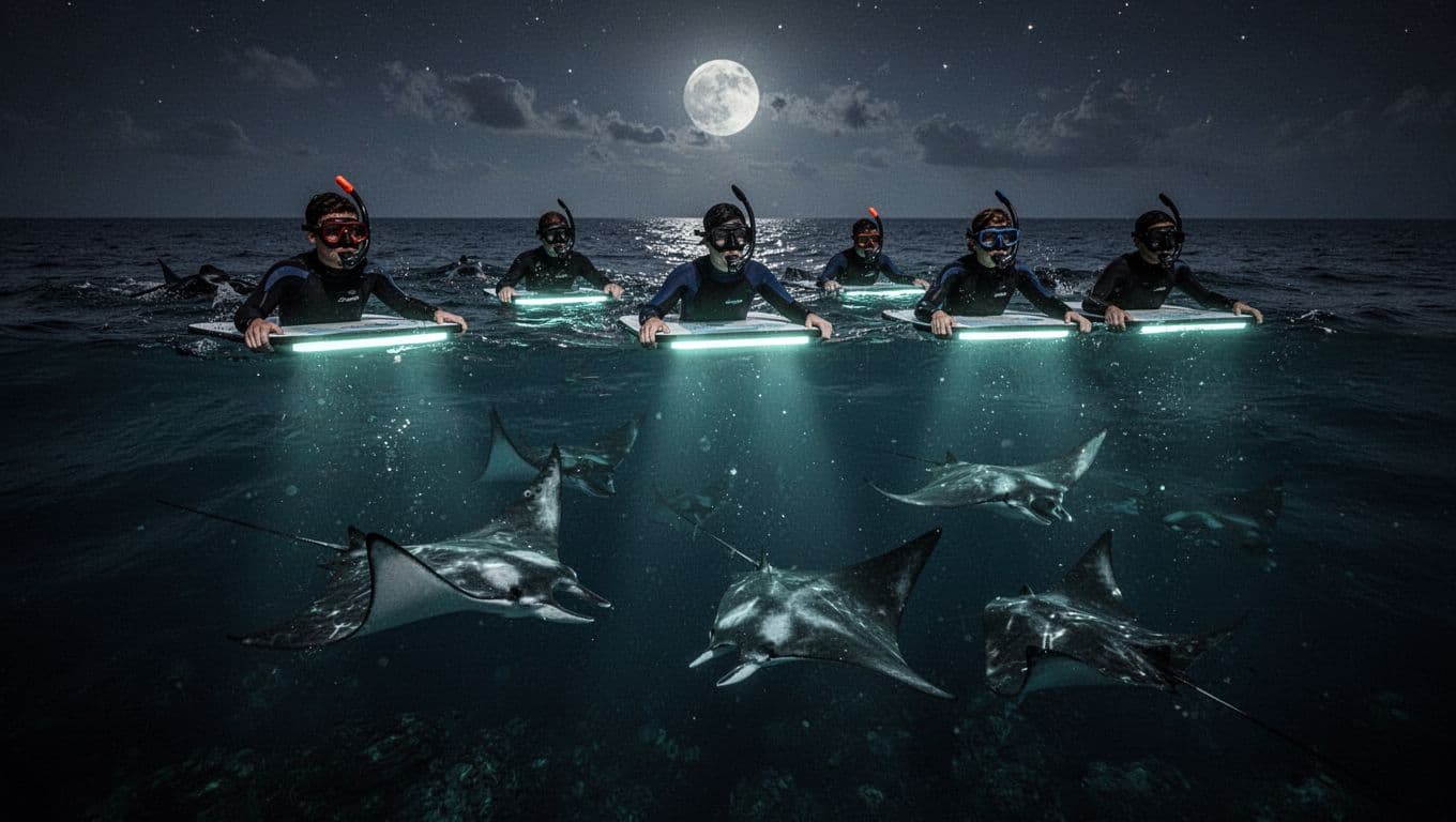 Snorkelers float on the dark ocean surface holding a glowing rectangular board that illuminates the deep water. Below them, large manta rays glide gracefully through the vibrant cyan light beams.