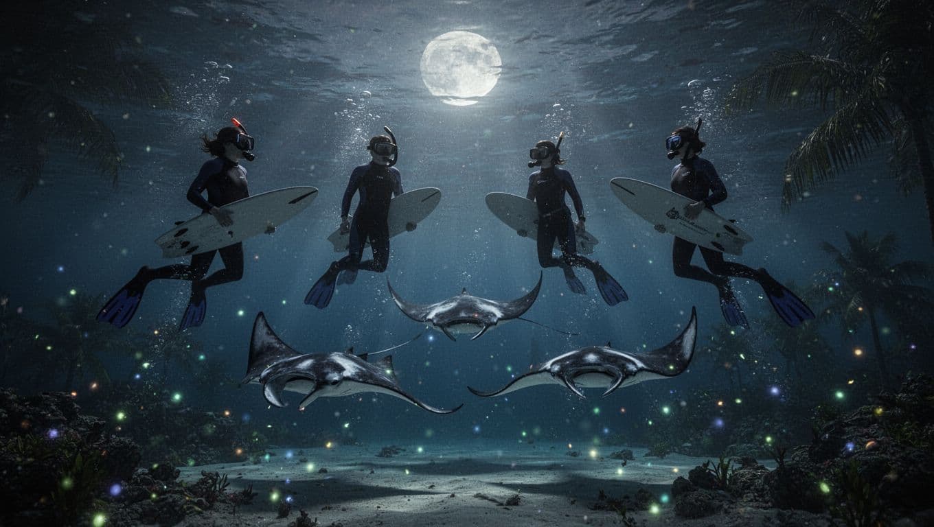 Cinematic nighttime ocean scene in Kona, Big Island, Hawaii, where gentle giant manta rays glide under an illuminated surface attracted to glowing plankton near a lightboard, with silhouettes of four relaxed snorkelers above, featuring bioluminescent hints, strong contrast, depth, and dramatic cyan light beams.