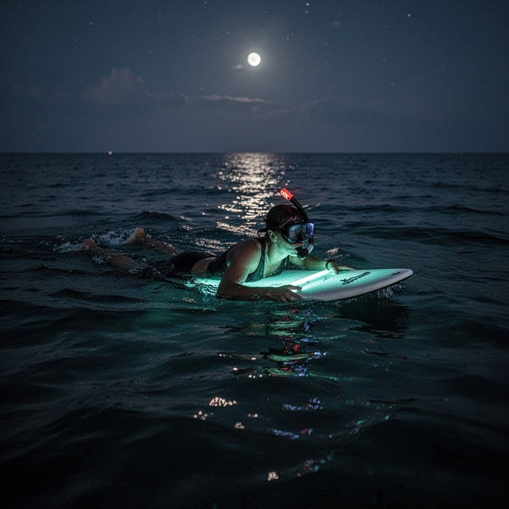 A lone snorkeler floats horizontally on the dark ocean surface while holding a glowing board.