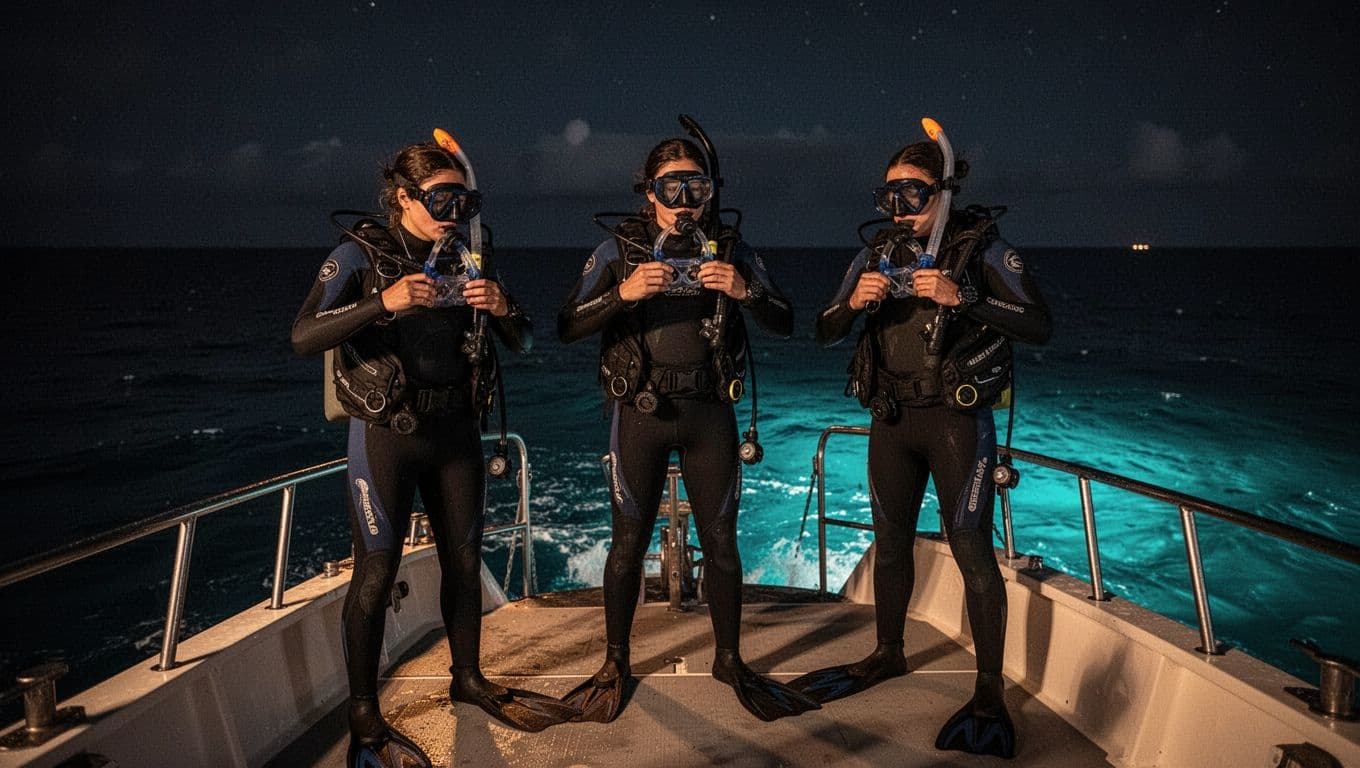 Three snorkelers with masks around their necks stand on a wooden boat deck at night. Warm interior lighting contrasts against the dark ocean, casting soft glows on their faces and gear.