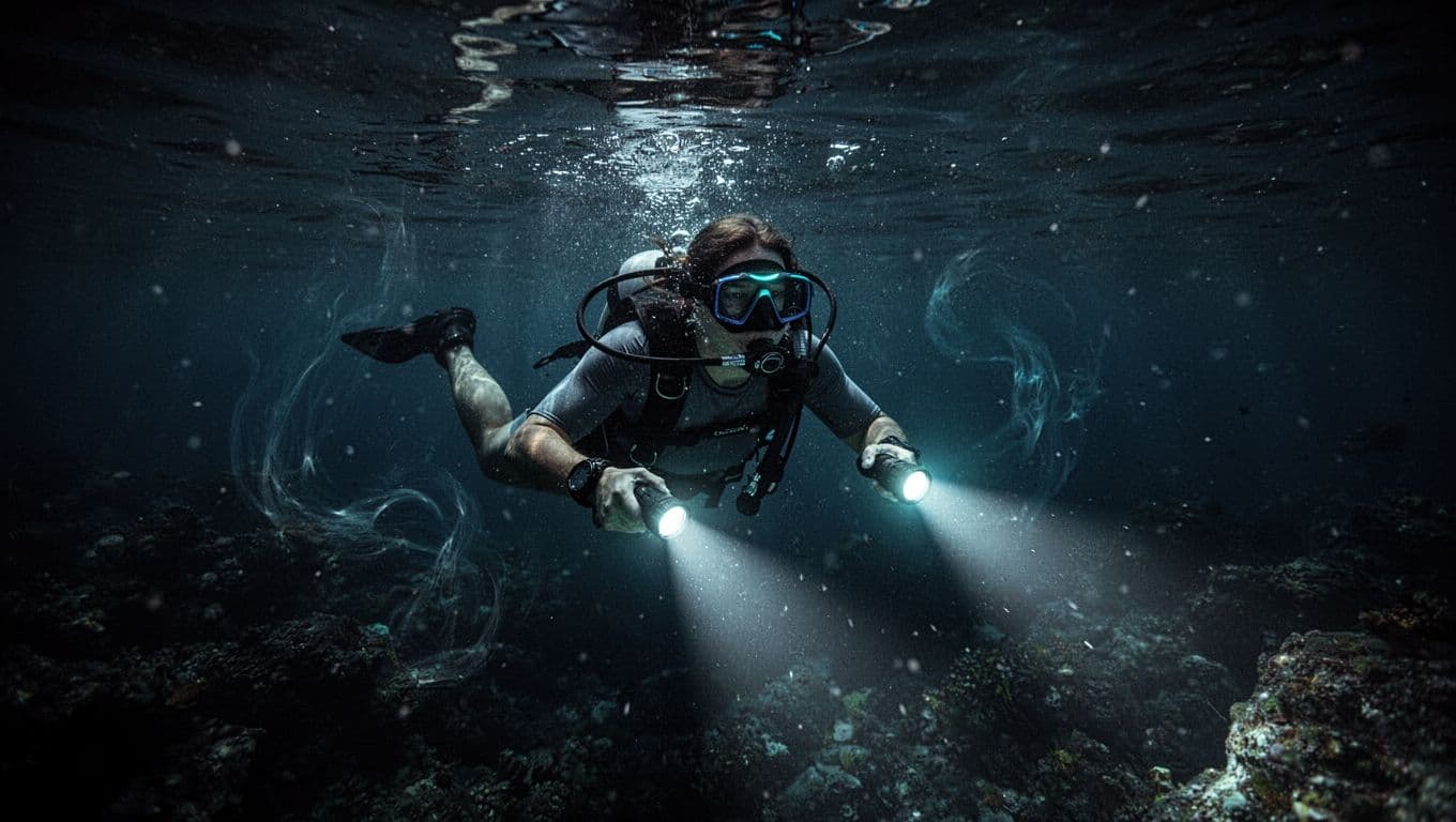 A diver swims through the dark ocean, casting a bright beam of light into the murky water. Glowing cyan particles swirl around the diver as they navigate the deep shadows.