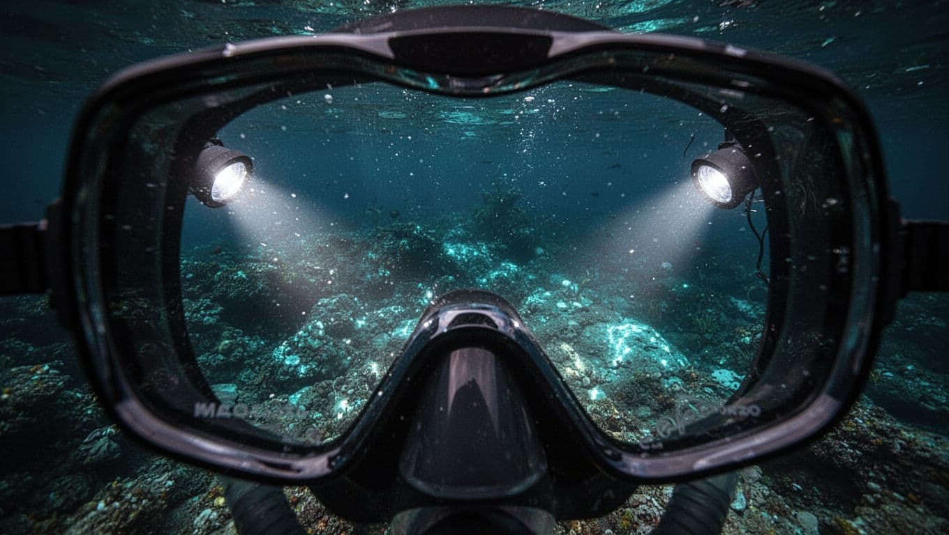 A snorkel mask lens peers into dark tropical waters, illuminated by intense artificial beams. The light reveals intricate sandy patterns, smooth rocks, and aquatic textures on the deep ocean floor.