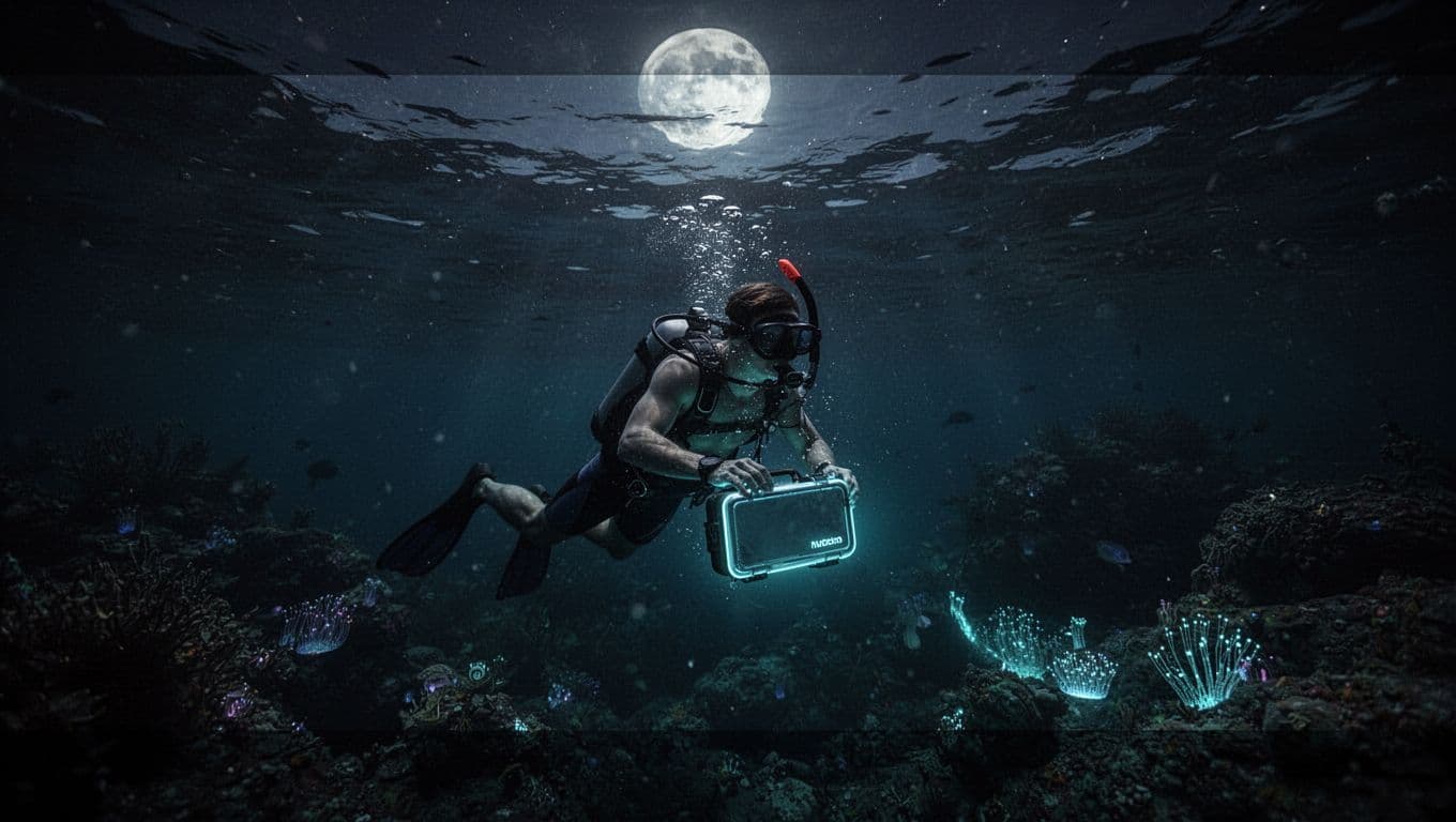 A lone snorkeler floats in the pitch-black ocean holding a glowing waterproof phone case that emits a vibrant cyan light. Sparkling particles dance around the device amidst the dark deep water.