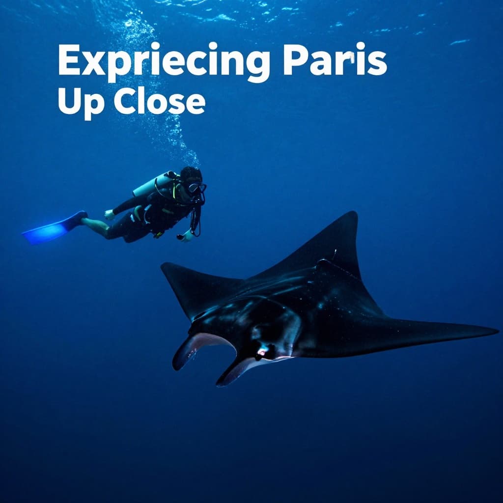 A snorkeler swims at night above a large manta ray in the dark ocean.
