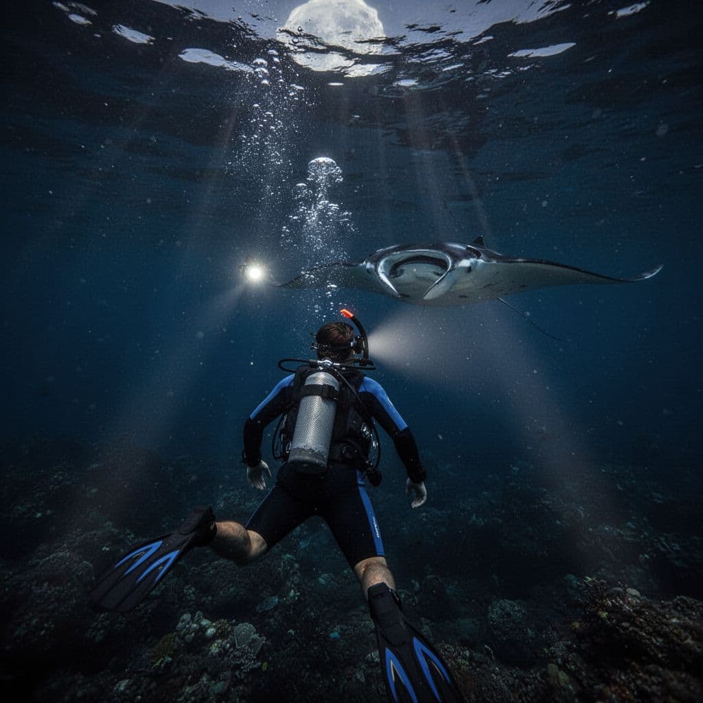 A snorkeler observes a large manta ray gliding through dark ocean waters illuminated by bright underwater lights.