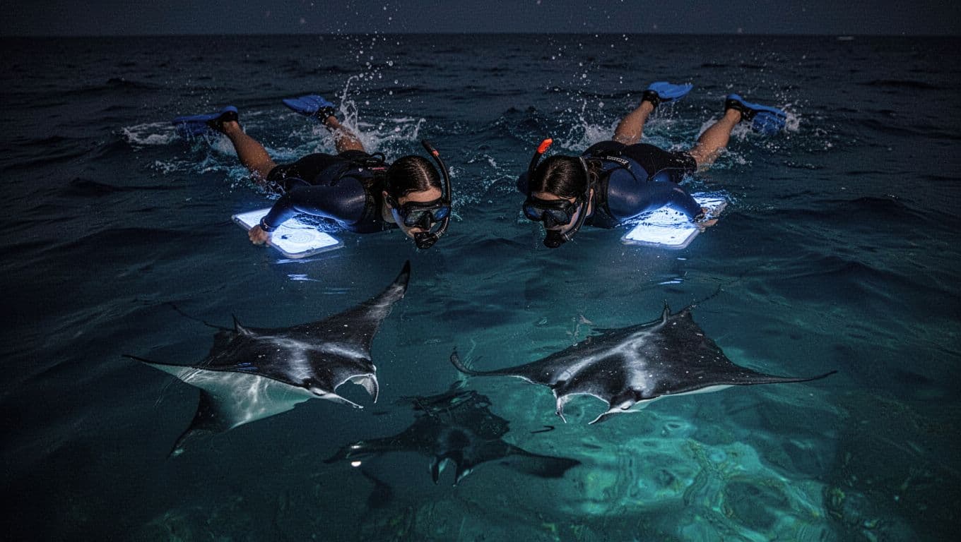 Snorkelers float on the dark ocean surface observing manta rays swimming in illuminated water below.