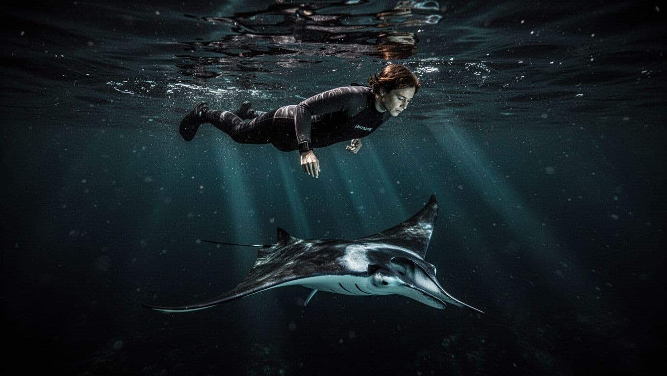 A person floats on the dark ocean surface at night while a massive, graceful manta ray glides through the deep water below. Vibrant cyan light illuminates the scene from above.