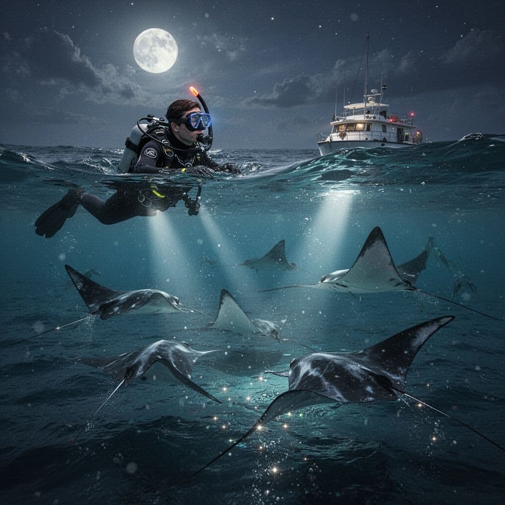 A snorkeler floats on the dark ocean surface as bright underwater boat lights illuminate the deep water. Multiple large, graceful manta rays glide through the cyan-lit current beneath the swimmer.