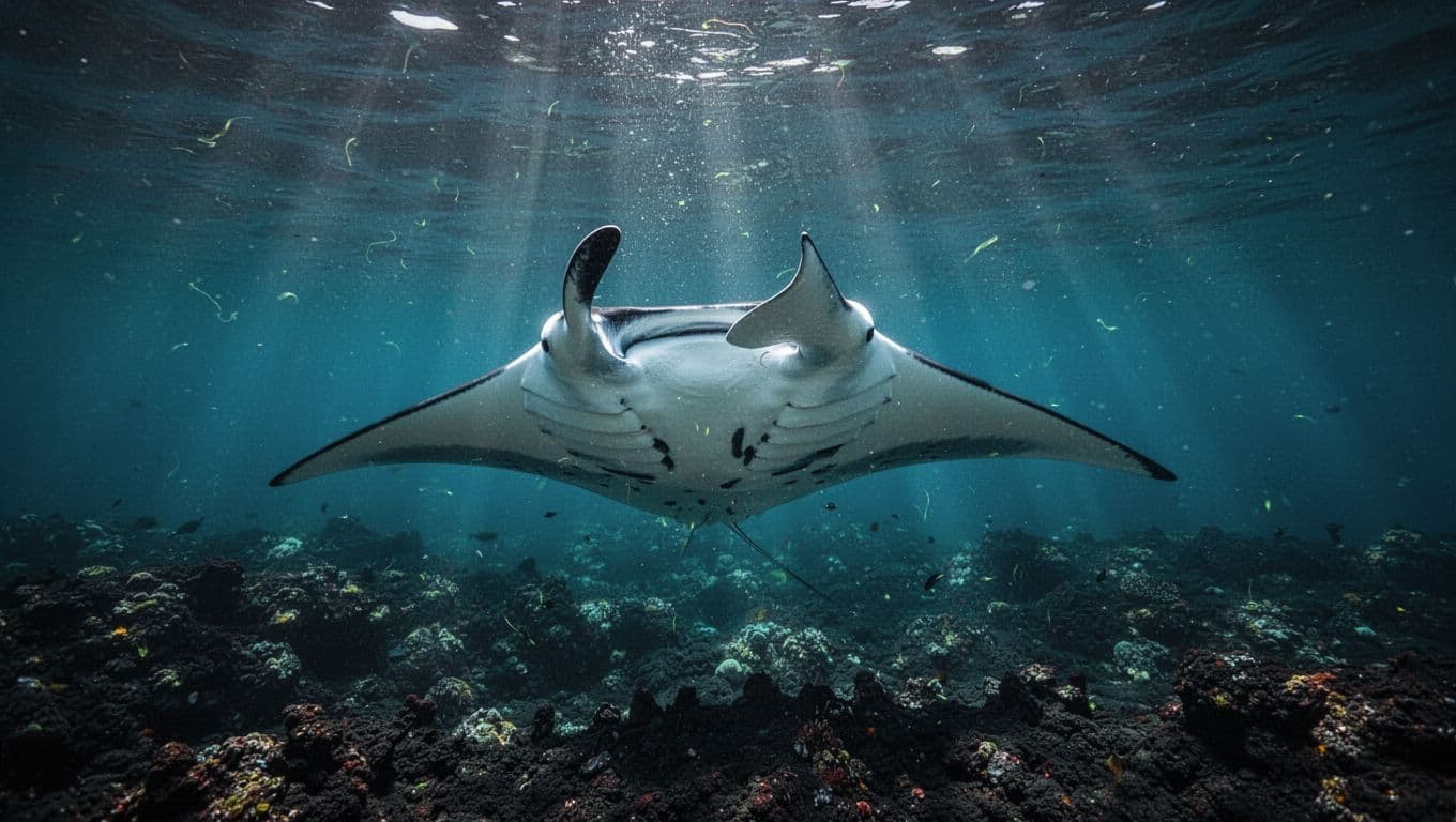 Giant manta ray gliding and somersaulting gracefully underwater at night near Kona coast Hawaii, illuminated by surface light beams highlighting plankton and its white belly in turquoise water over volcanic reef.