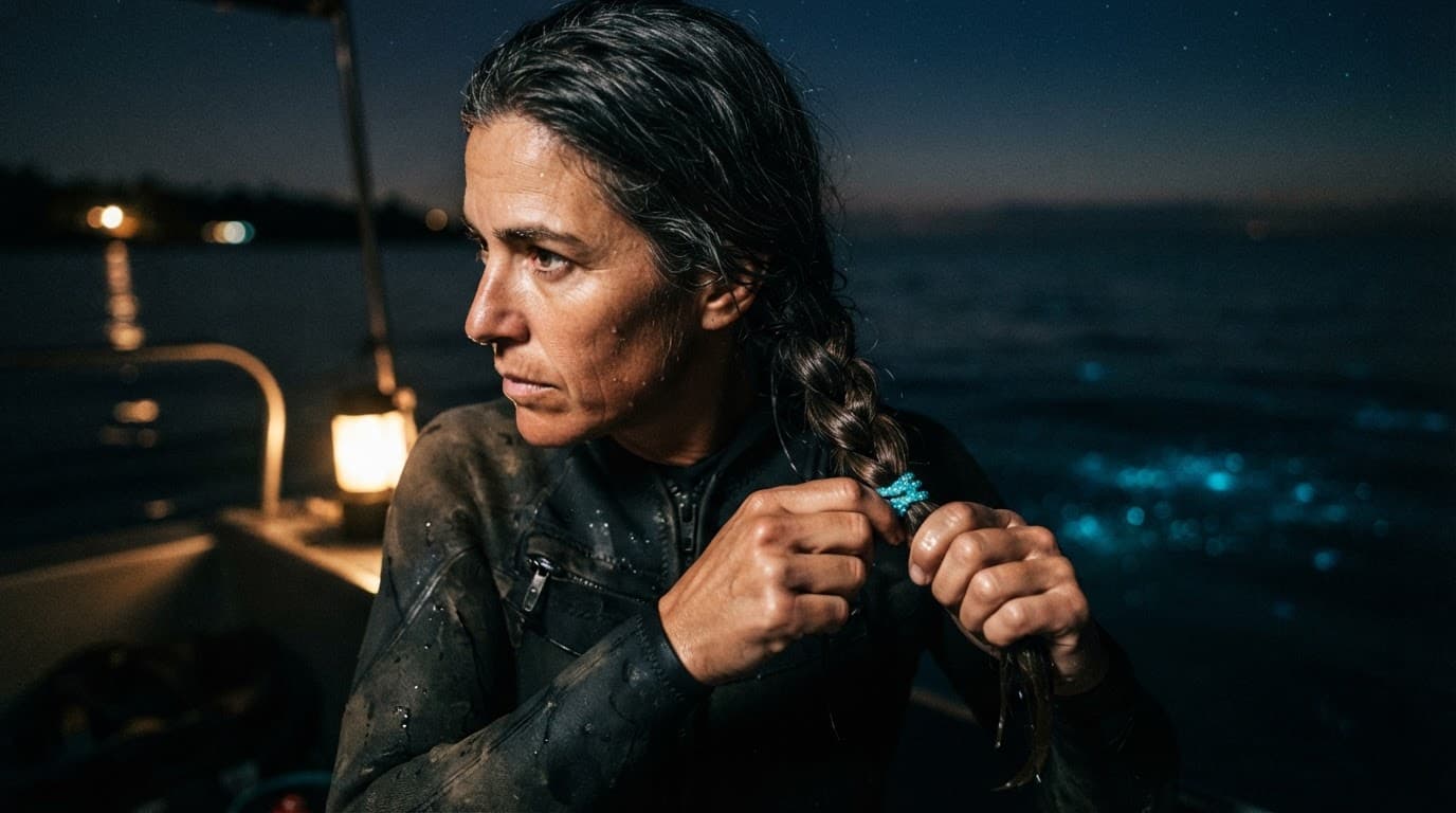 Traveler braiding long hair before a nighttime ocean swim.