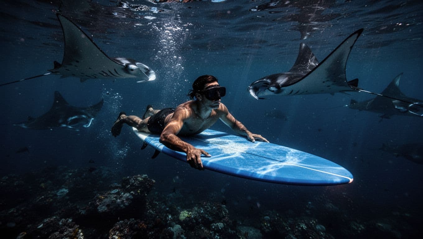 A night swimmer holding a lighted surfboard surrounded by manta rays in dark ocean water.