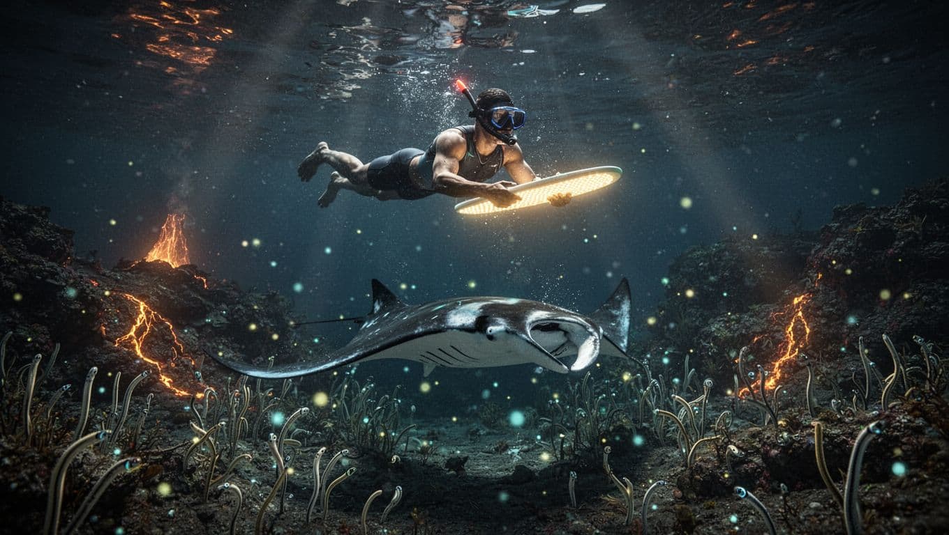 A strong swimmer floats calmly at the night ocean surface holding a lighted snorkel board, as a majestic manta ray glides and somersaults through glowing plankton below in Garden Eel Cove, captured in an upward cinematic view with dramatic lighting.