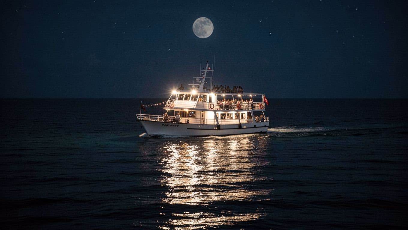 A passenger boat cruises across dark ocean waters during the evening hours. Glowing cabin lights cast vibrant, golden reflections across the calm surface while the distant horizon fades into deep shadow.