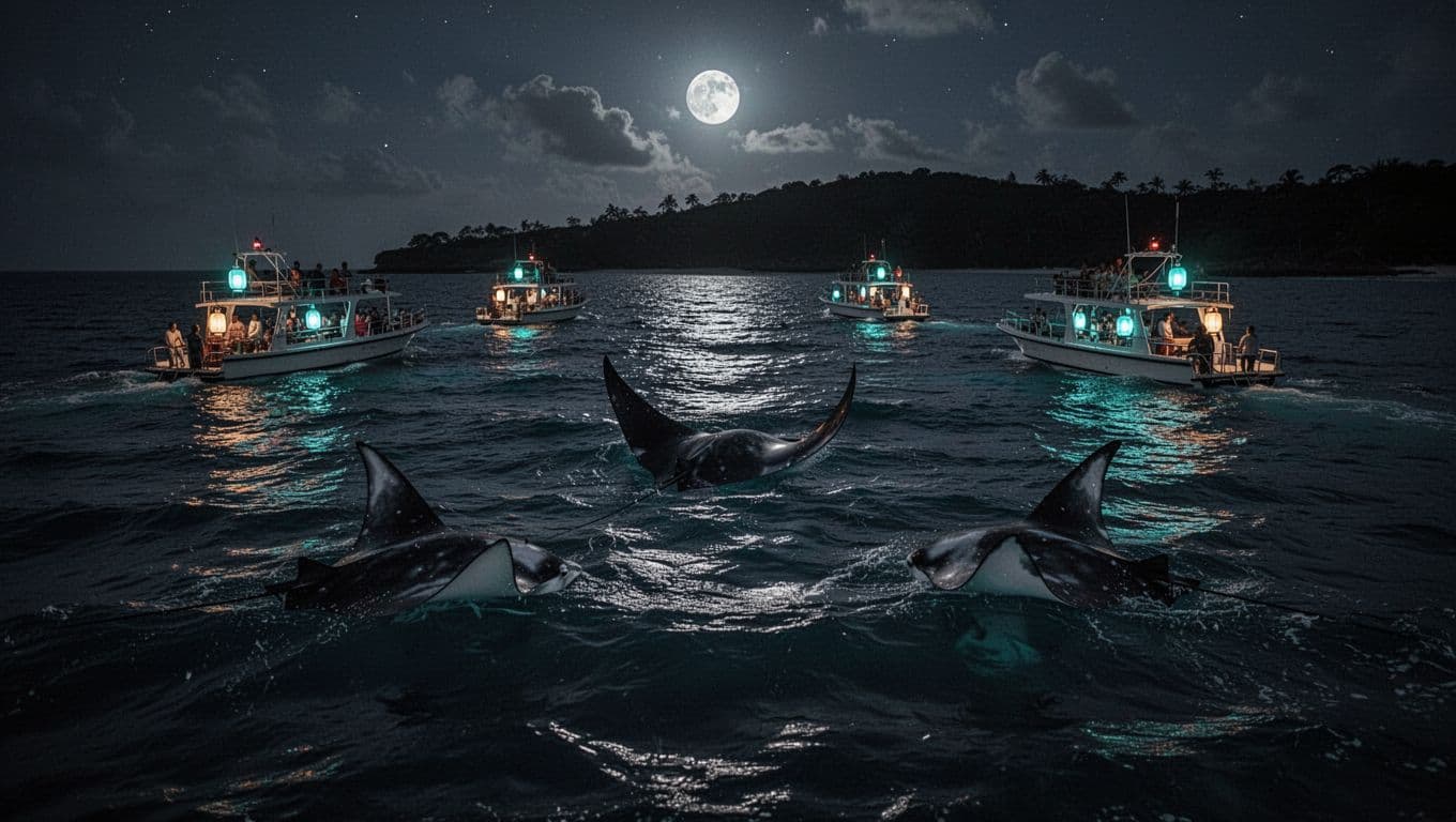 Multiple tour boats sit anchored on the calm dark ocean surface at night, their bright lights reflecting off deep blue water. The distant shoreline silhouette creates a serene, cinematic background atmosphere.
