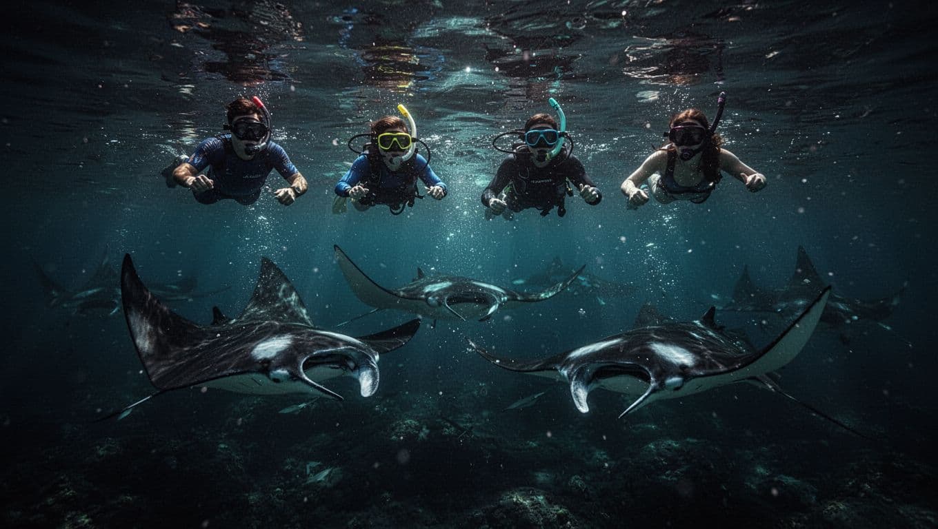 Four snorkelers watch manta rays gliding beneath them in a dark, glowing ocean.
