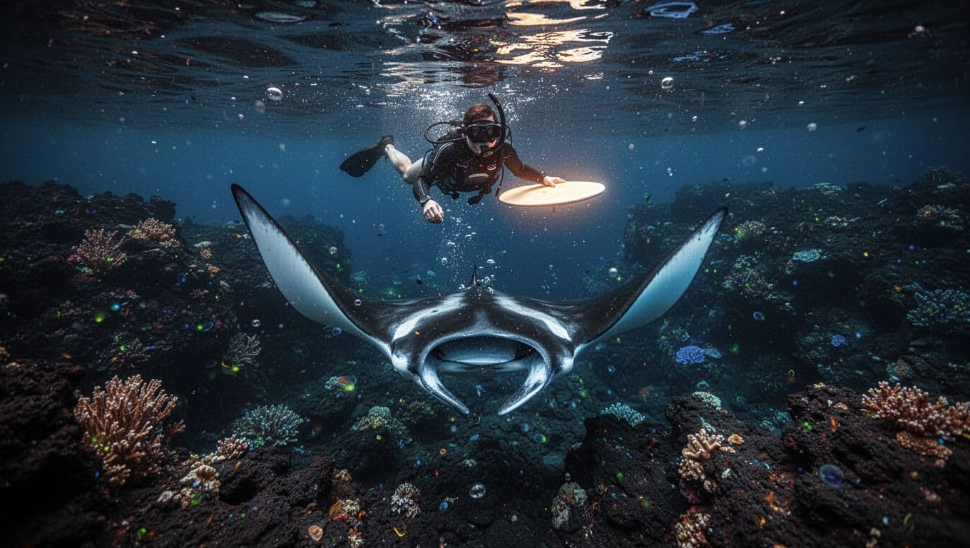 A lone snorkeler at the ocean surface holds a glowing snorkel board as a large majestic manta ray somersaults gracefully directly below in the dark nighttime ocean, illuminated by plankton glow, blue lights on the reef, and volcanic rocks in Kona, Hawaii.