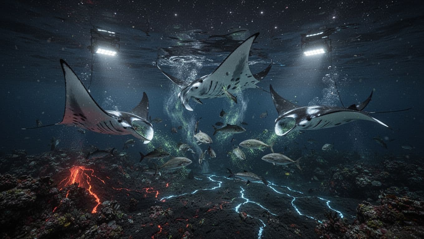Giant reef manta rays gathering and somersaulting near volcanic reef at night off Kona Hawaii coast, attracted to plankton illuminated by surface lights under starry sky.
