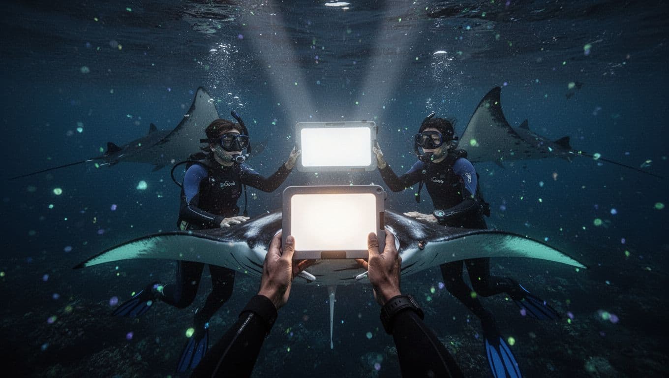 Giant manta rays glide gracefully under a glowing light board in the dark Pacific ocean at night, with two snorkelers watching in awe amid sparkling bioluminescent plankton.