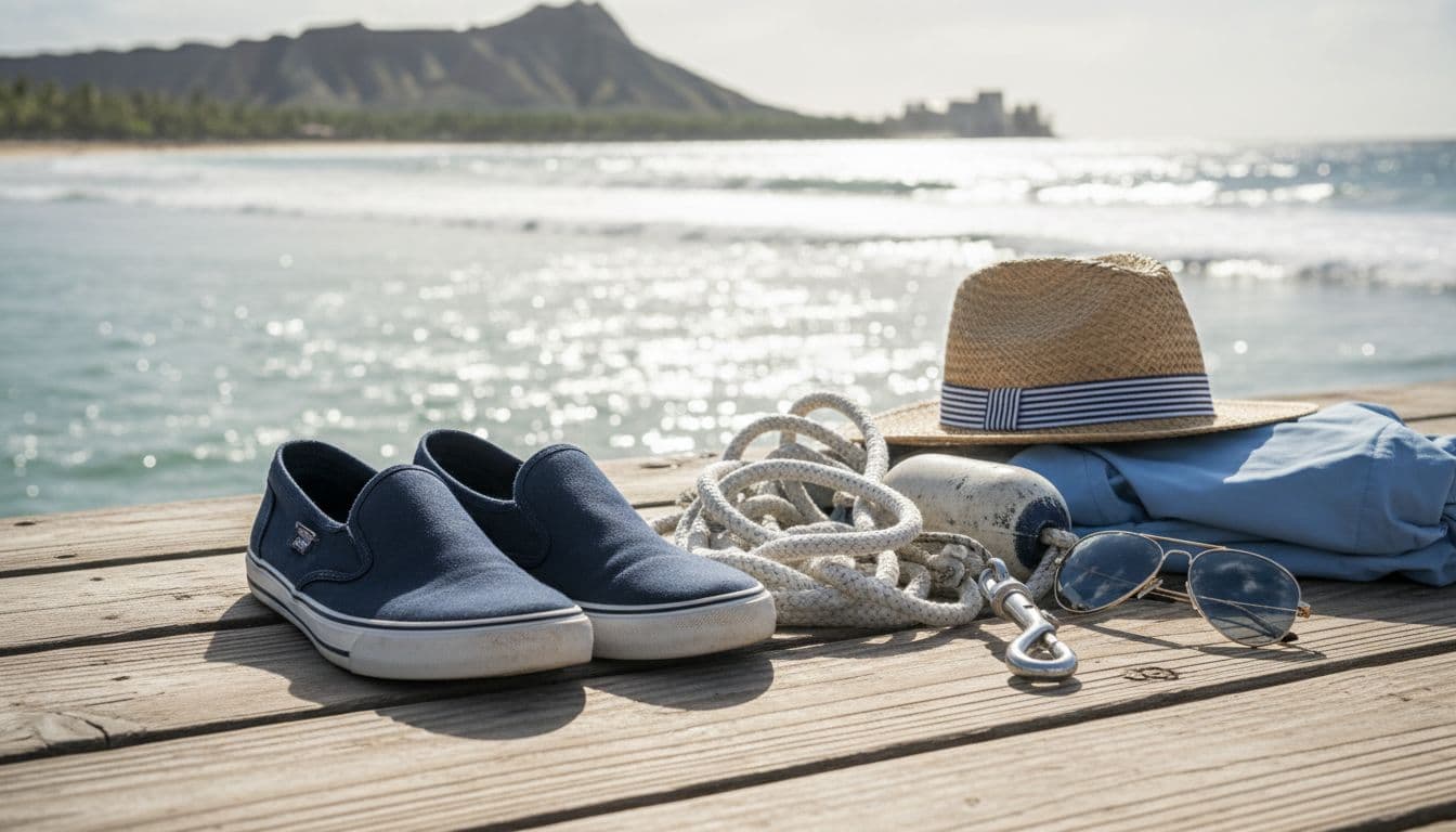 Close-up of non-slip deck shoes or sandals beside boat gear on a wooden dock, with hat, sunglasses, and light jacket nearby; Waikiki shore and ocean waves blurred in bright daylight.