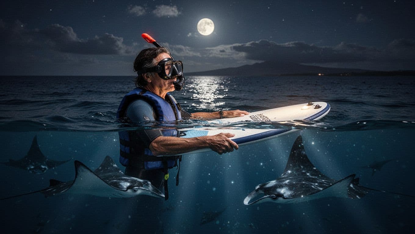 Relaxed adult non-swimmer floats calmly on a lighted snorkel board at night in Kona ocean waters, with gentle manta rays gliding below in soft beams of light.