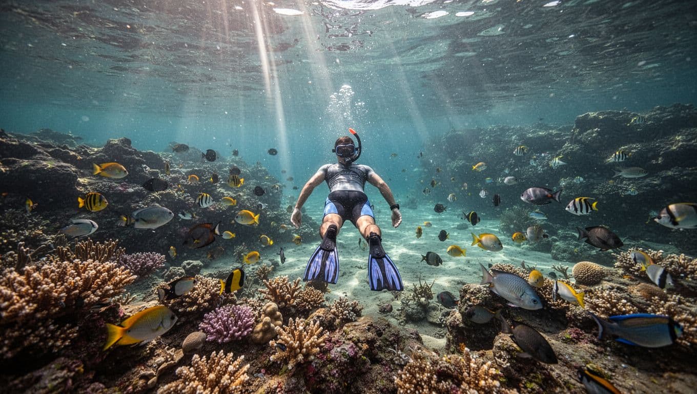 A snorkeler from behind explores a vibrant coral reef with tropical fish in calm turquoise waters of North Shore Oahu bay during summer, sunlight beams filtering through, rocky shoreline background, cinematic style.