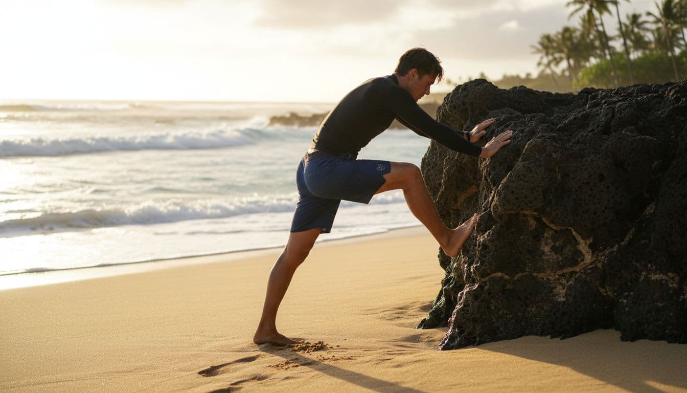 Fit person in swimwear stretches calves against rock on sunny Oahu beach near turquoise waves.