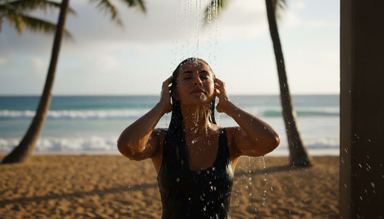Person with long wet hair rinses under outdoor shower on Oahu beach, hands in hair, palms and ocean behind.