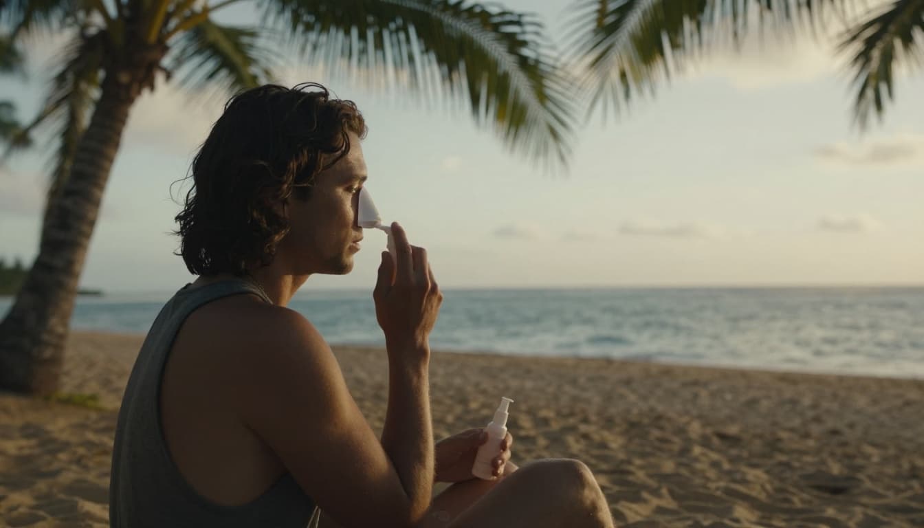 Person sits on sunny Oahu beach applying saline nasal spray, holding bottle loosely with relaxed posture, palm trees and calm ocean horizon behind.