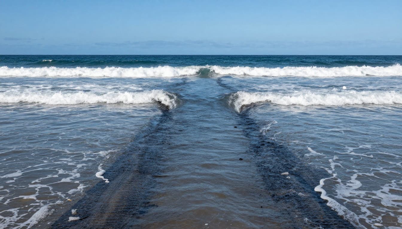 Darker narrow channel of choppy water pulls offshore between breaking waves on sunny Oahu beach.