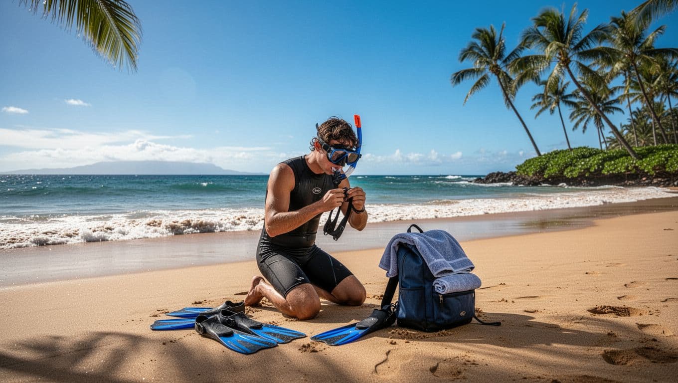 Person kneels on sunny Oahu beach fitting snorkel mask, fins and backpack with towel nearby, calm waves and palm trees ahead.