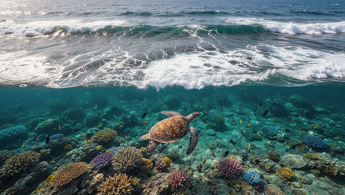 Choppy ocean waves with whitecaps on Oahu coast above crystal-clear turquoise waters revealing coral reef and sea turtle.