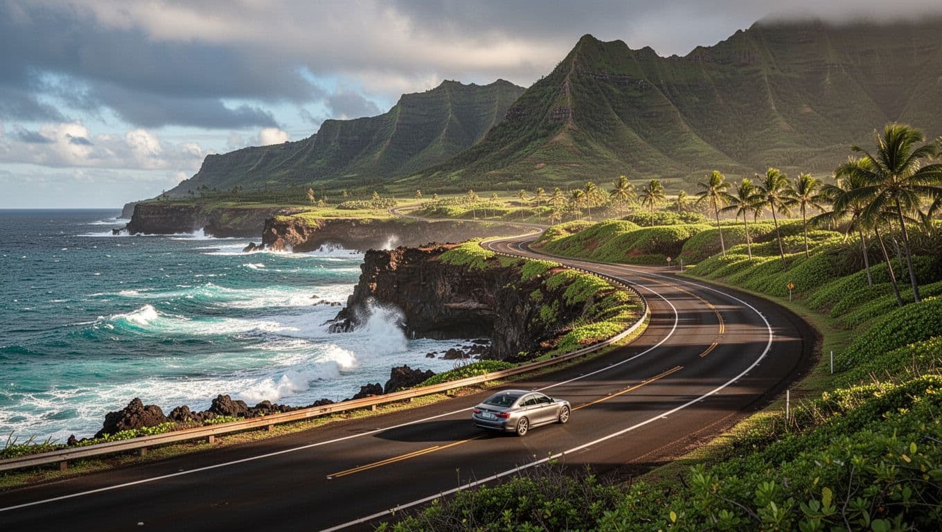 Expansive wide-angle view of a single car mid-turn on a coastal highway around Oahu island, with turquoise ocean waves crashing on rocky cliffs, lush green mountains, and palm trees in the background, captured in cinematic style with dramatic afternoon lighting.