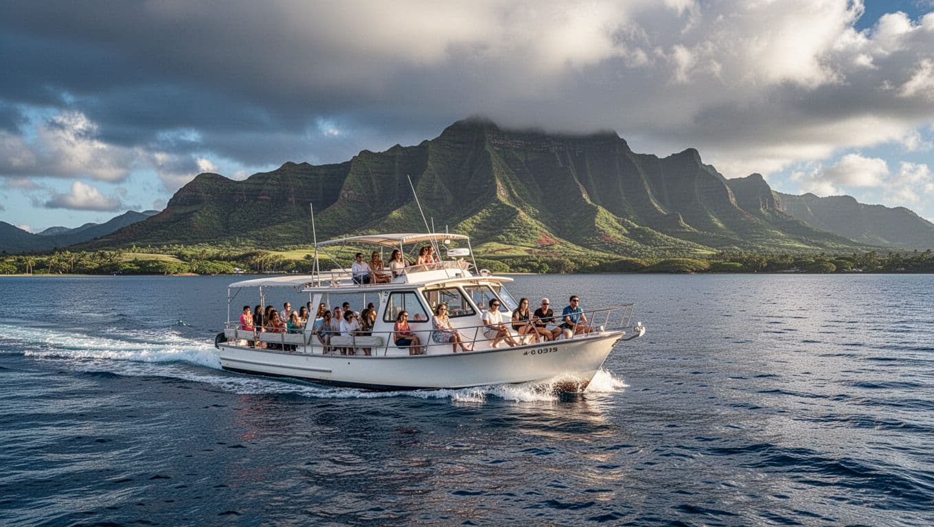 A modern tour vessel carries passengers along calm blue Hawaiian waters. Jagged green volcanic mountains rise sharply in the background under a dramatic sky, emphasizing the vast scale of the coastline.