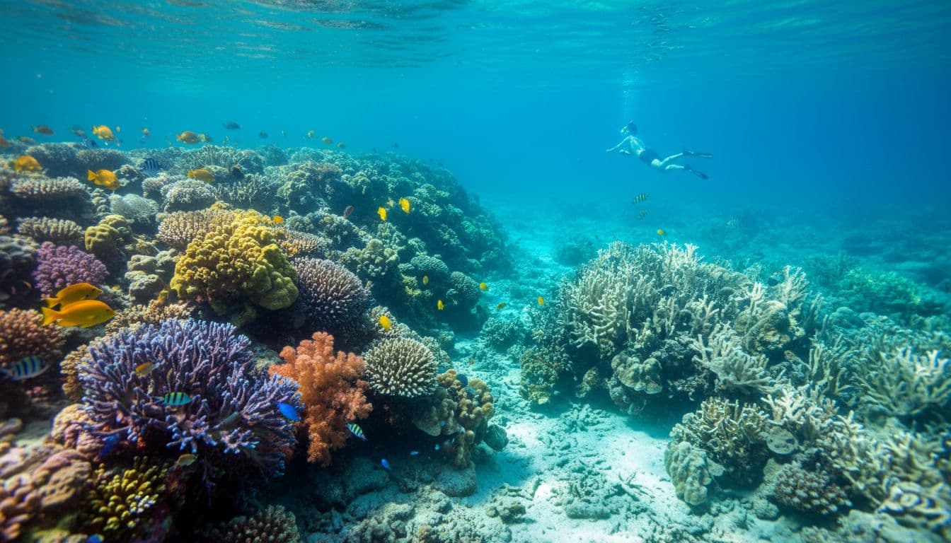 Healthy colorful coral reef transitions to bleached white patches with fish swimming and distant snorkeler in turquoise water.