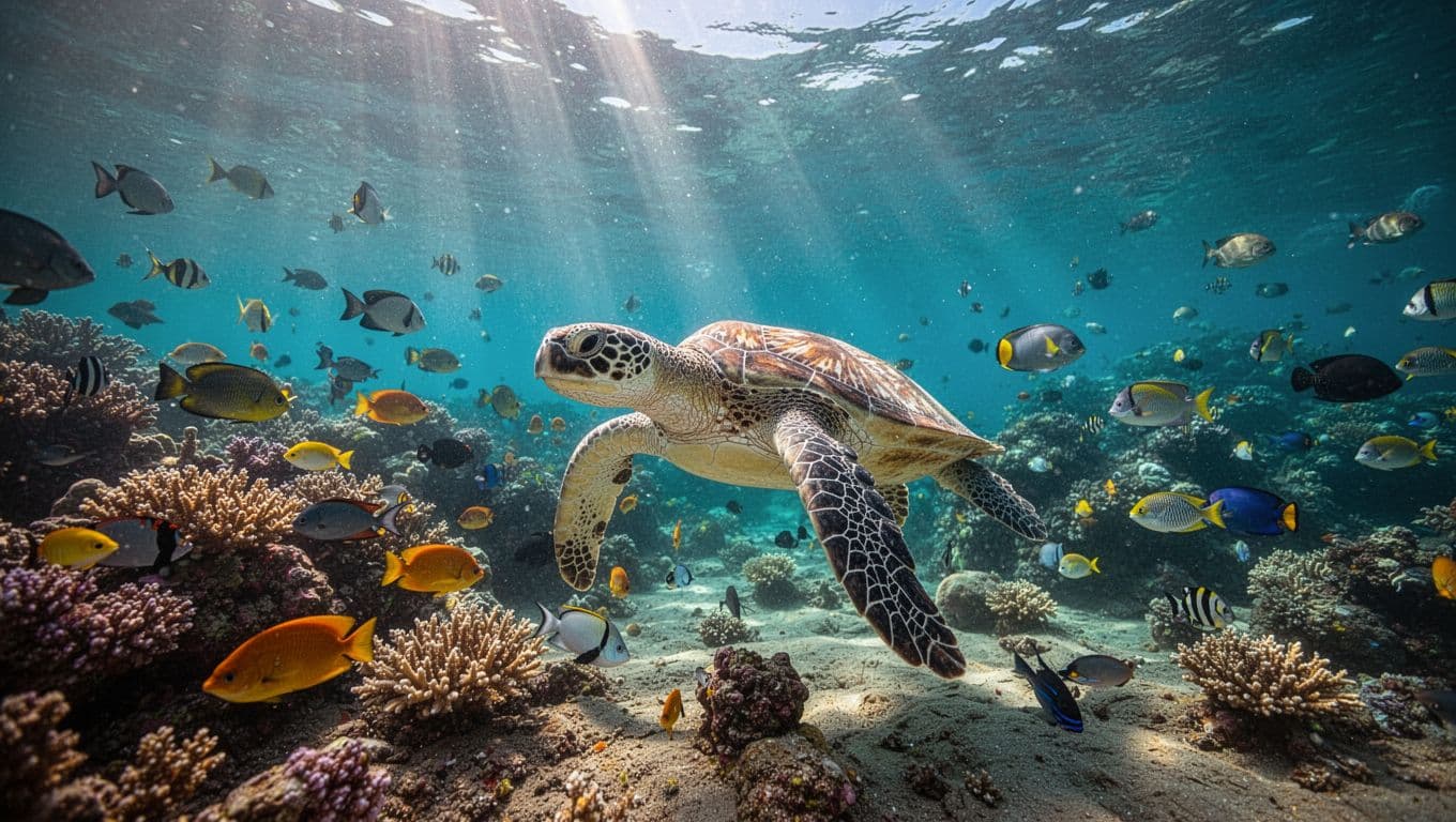 Colorful coral reef with fish and turtle in shallow Oahu waters, sunlight rays piercing surface.