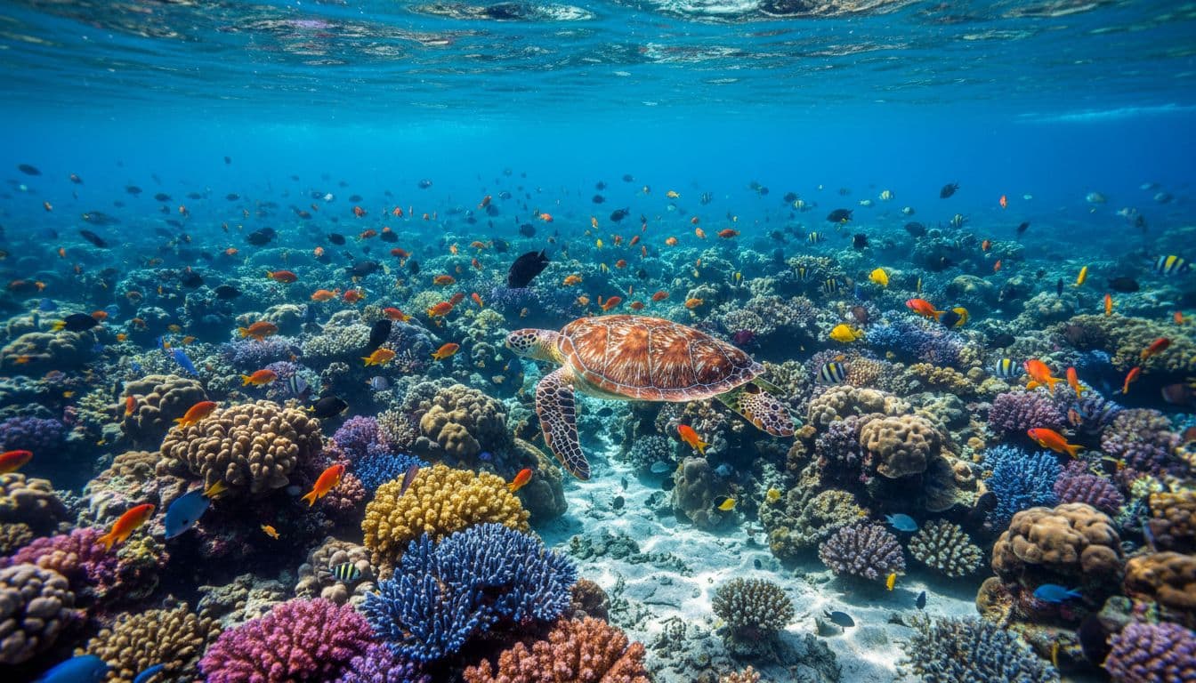 Oahu coral reef teems with colorful tropical fish and a gliding green sea turtle amid sunlight rays and caustic patterns.