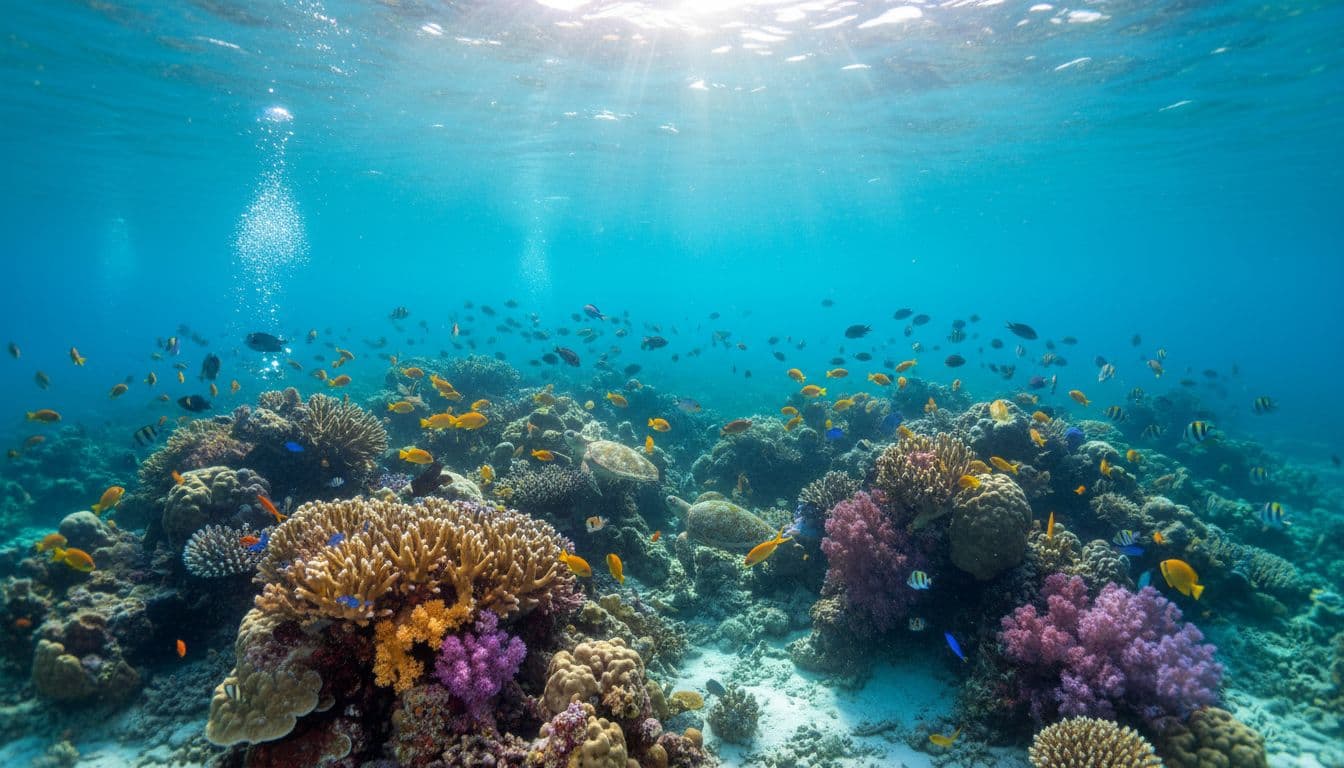 Healthy coral reef in shallow Oahu waters with colorful tropical fish and sunlight rays through turquoise water.