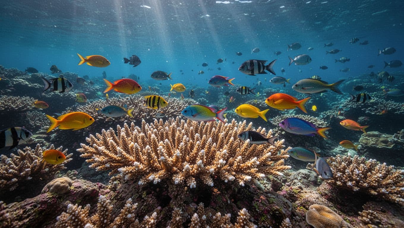 Clear underwater view of tropical coral reef with colorful fish near corals and sunlight from surface.